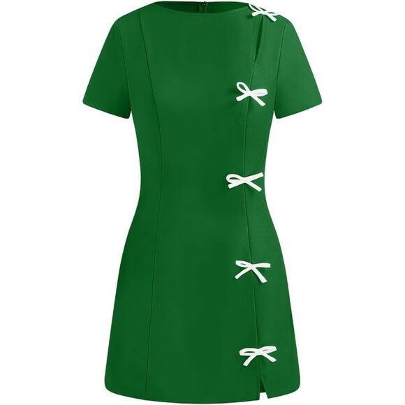 Women Black Short Sleeve Mini Dress with White Bow Details Elegant Party Outfit - Picture 8 of 8